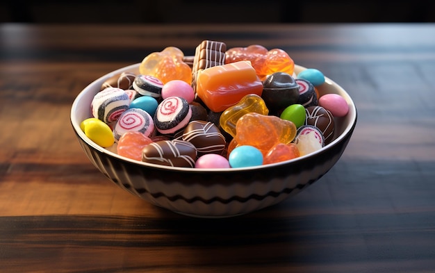 Una ciotola di caramelle gourmet una variazione generativa di spuntini dolci