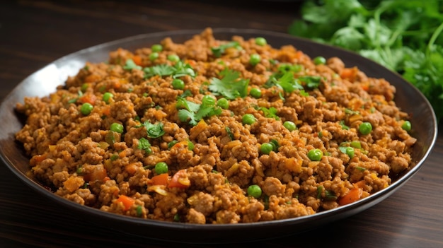 Una ciotola di carne macinata con verdure su un tavolo di legno.