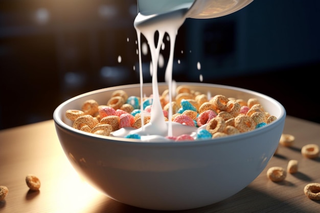 Una ciotola di cereali con del latte che vi versa dentro