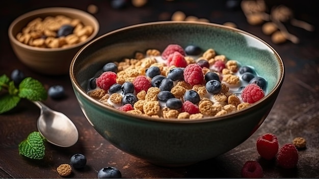 Una ciotola di cereali con mirtilli e latte