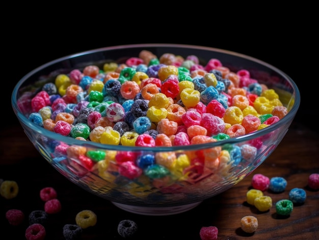 Una ciotola di cereali con sopra un mucchio di cereali colorati