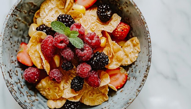 una ciotola di cereali e frutta con una ciotoletta di frutta