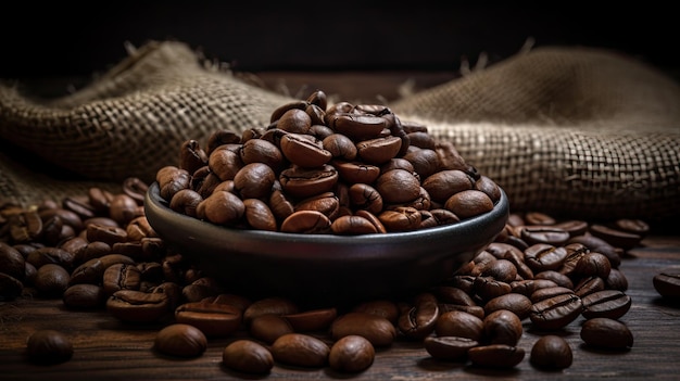 Una ciotola di chicchi di caffè si trova su un tavolo con un sacco di iuta dietro.