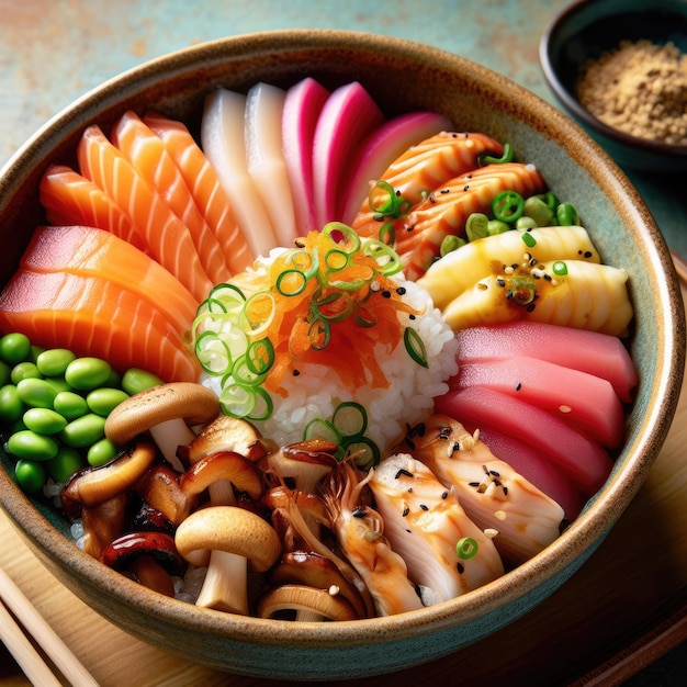 Una ciotola di chirashi con sashimi assortiti