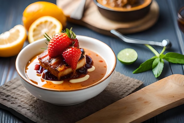 una ciotola di cibo con fragole e limone su un tavolo