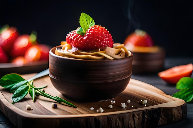 una ciotola di cibo con fragole e una fragola sul lato.