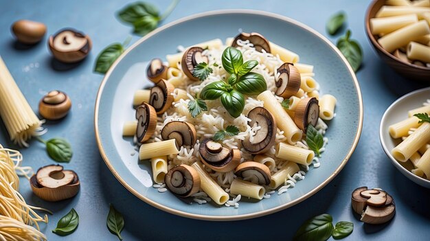 una ciotola di cibo con funghi e prezzemolo