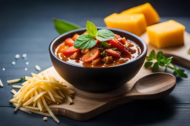 una ciotola di cibo con pasta e verdure su un tavolo