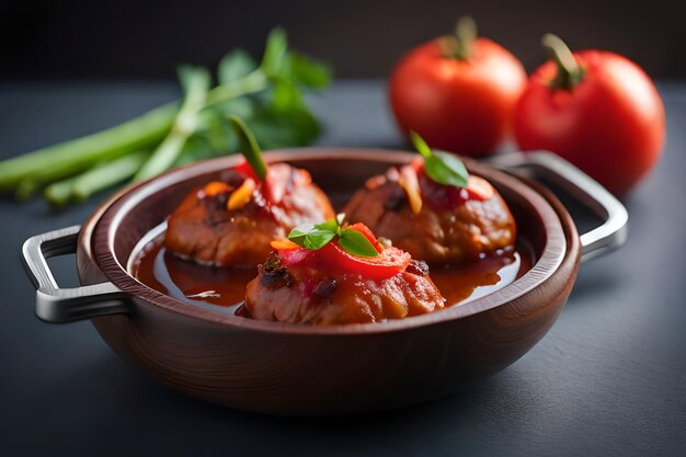 Una ciotola di cibo con una salsa rossa e una foglia verde sul lato.