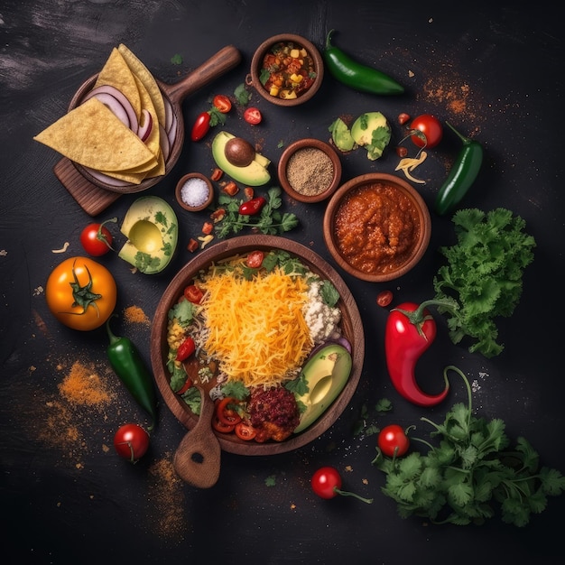 Una ciotola di cibo con una varietà di ingredienti tra cui avocado, salsa e guacamole.