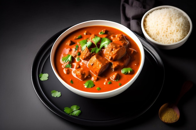 Una ciotola di cibo indiano con una ciotola di pollo al curry.