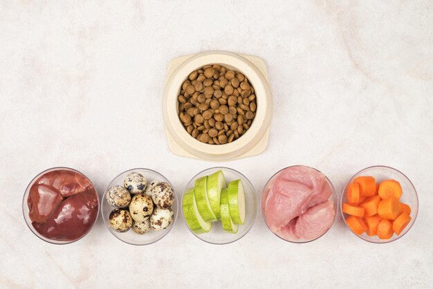 Una ciotola di cibo secco per animali Ingredienti per la preparazione di alimenti per cani e gatti Vista dall'alto