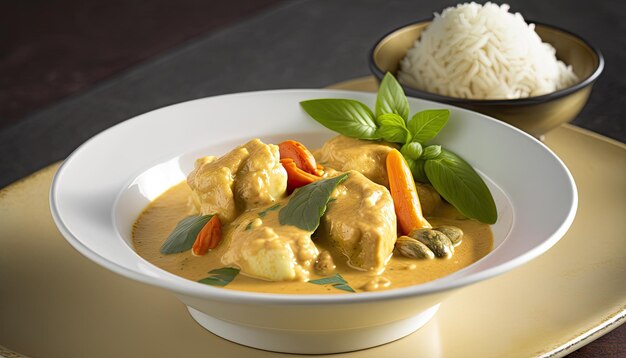 Una ciotola di cibo tailandese con una ciotola bianca di pollo al curry.
