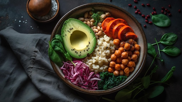 Una ciotola di cibo vegano con avocado, avocado e cipolla rossa.