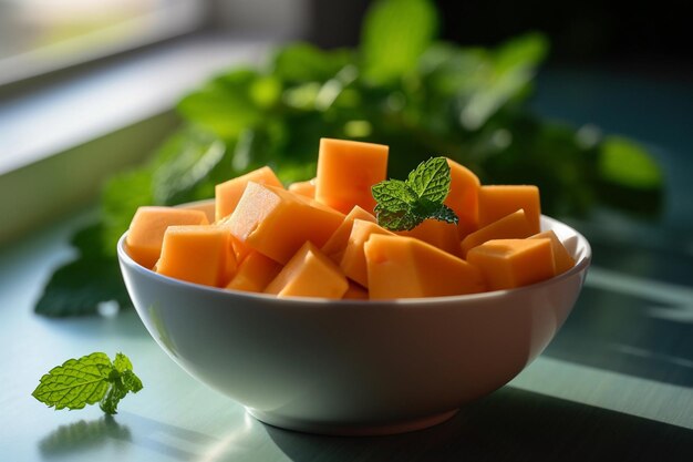 Una ciotola di cubetti di melone con foglie di menta su un tavolo.