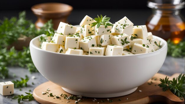 Una ciotola di cubetti di mozzarella bianca cremosa cosparsi di erbe e spezie