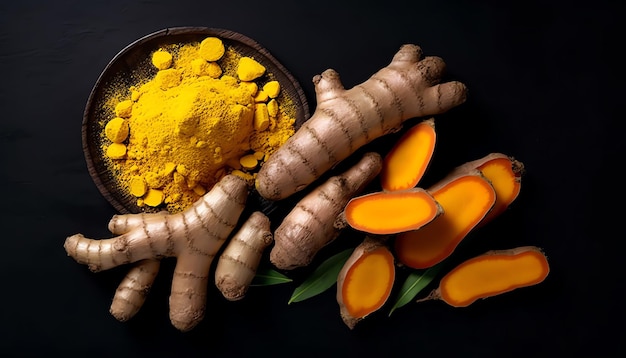 Una ciotola di curcuma in polvere e curcuma affettata