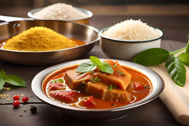 Una ciotola di curry con una ciotola di curry e alcune spezie