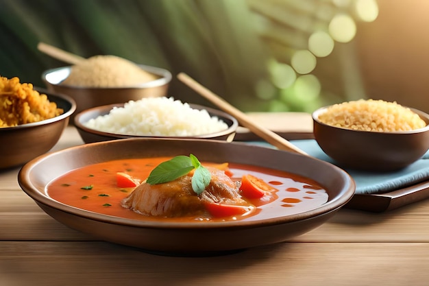 Una ciotola di curry rosso con riso e una ciotola di pollo al curry.