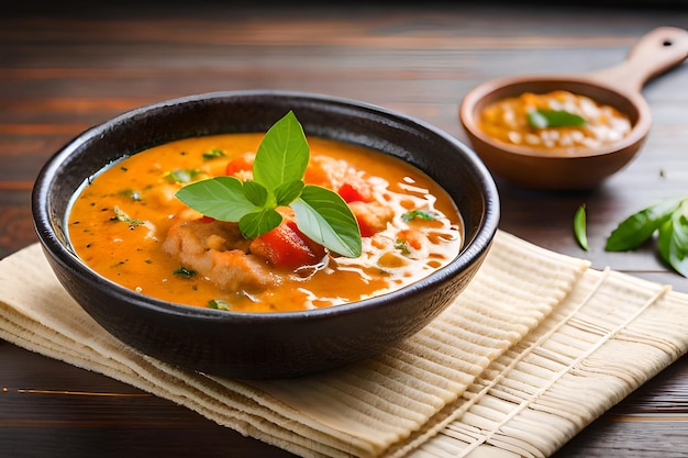 Una ciotola di curry rosso con salsa rossa e una piccola ciotola di zuppa di pollo e pomodoro.