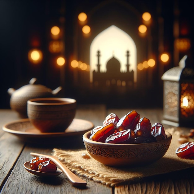 Una ciotola di datteri su una tavola di legno e sullo sfondo sfocato scuro della moschea dietro