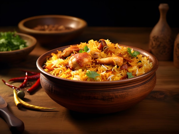 Una ciotola di delizioso pollo indiano biryani su un tavolo di legno Food Photography Concept Background