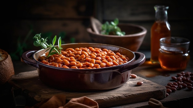 Una ciotola di fagioli al forno con una bottiglia di whisky in background