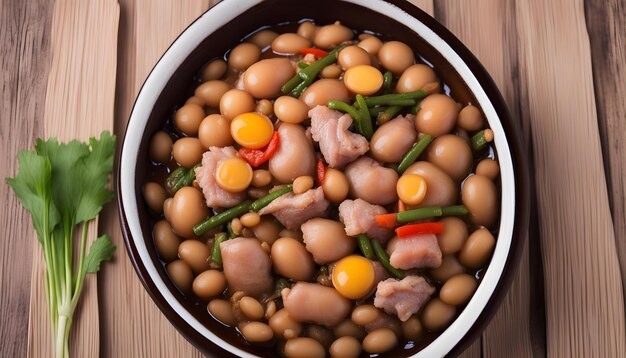 una ciotola di fagioli con carne, verdure e carne