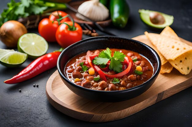 una ciotola di fagioli con peperoncino e verdure su una tavola di legno.