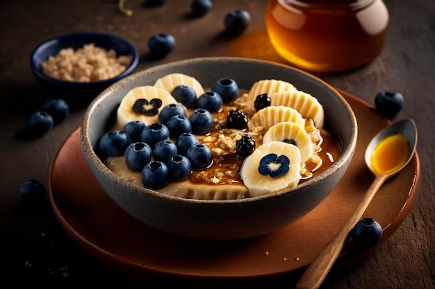 Una ciotola di farina d'avena con banane e mirtilli