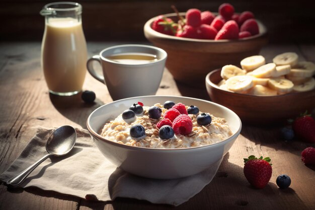 Una ciotola di farina d'avena con frutti di bosco e latte