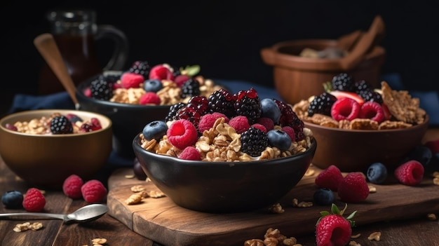 Una ciotola di farina d'avena con frutti di bosco e muesli in cima