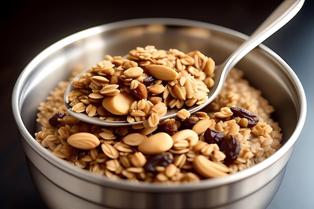 una ciotola di farina d'avena con un cucchiaio dentro