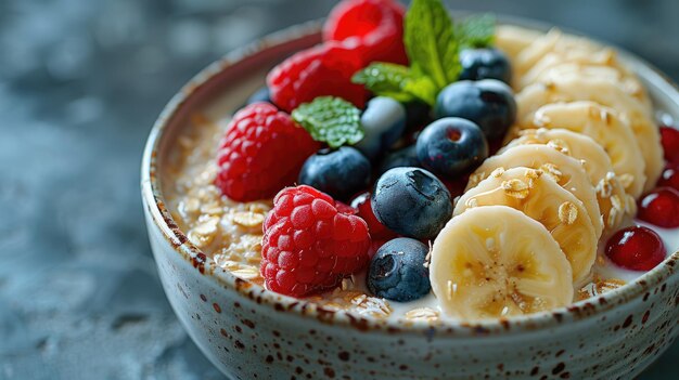 una ciotola di farina d'avena con una banana e dei lamponi