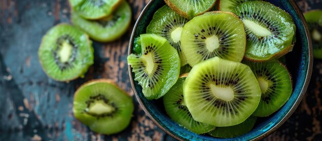 Una ciotola di fette di kiwi su un tavolo di legno