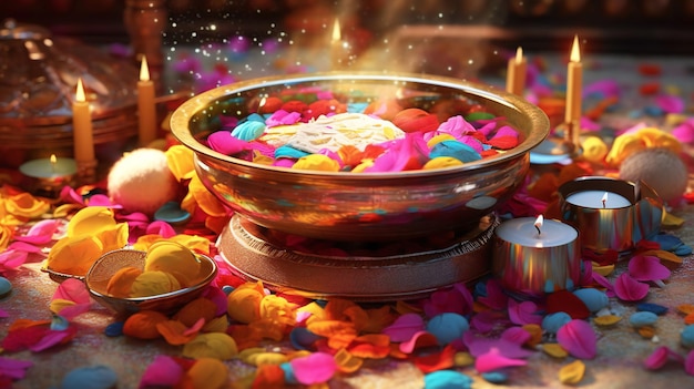Una ciotola di fiori colorati e una candela con sopra la parola diwali