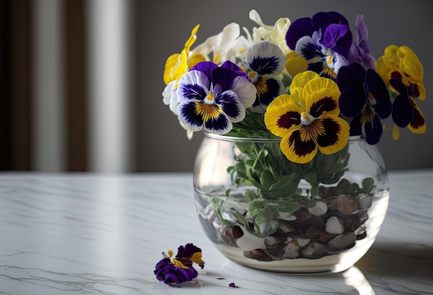 Una ciotola di fiori è su un tavolo con ciottoli e una ciotola di fiori.