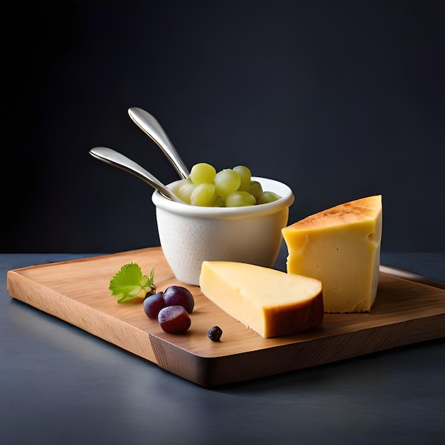 Una ciotola di formaggio e uva con un cucchiaio su un tagliere.