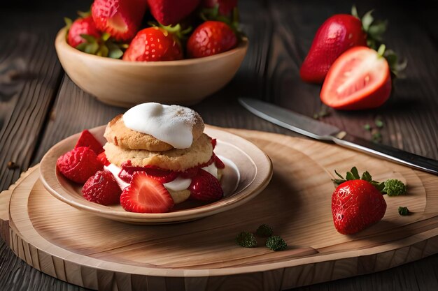 Una ciotola di fragole e panna con sopra una fragola