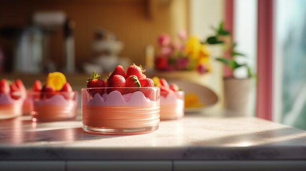 Una ciotola di fragole si trova su un bancone con un vaso di fiori sullo sfondo.