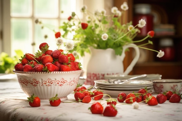 Una ciotola di fragole su una tovaglia fiorita con un bouquet e porcellana in luce naturale morbida perfetta