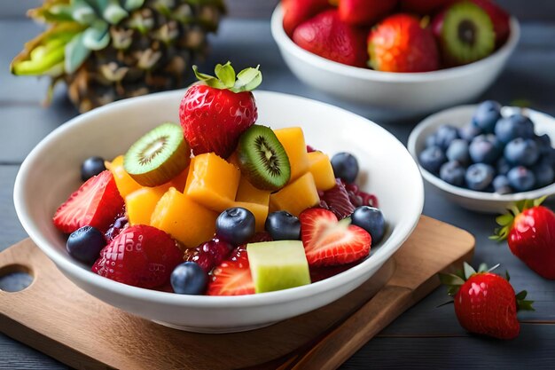 Una ciotola di frutta che include una macedonia e un kiwi.