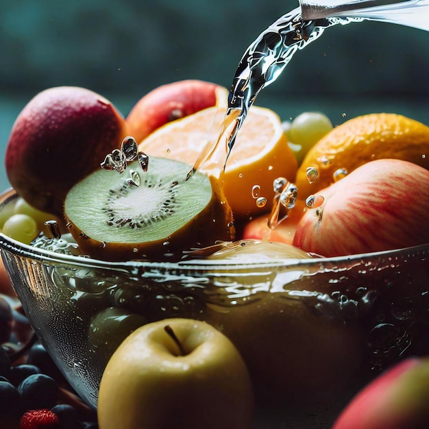 Una ciotola di frutta con acqua versata dentro.