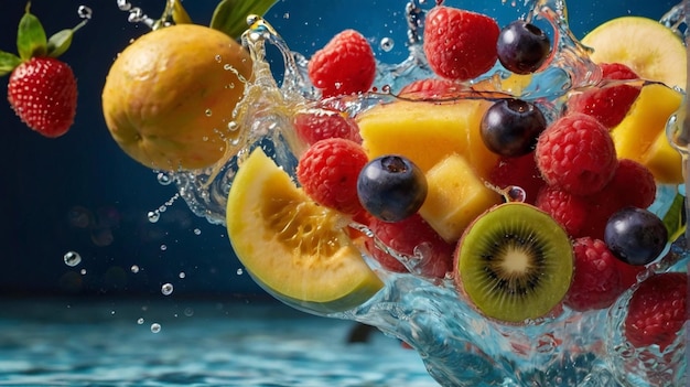 una ciotola di frutta con frutta e bacche in acqua