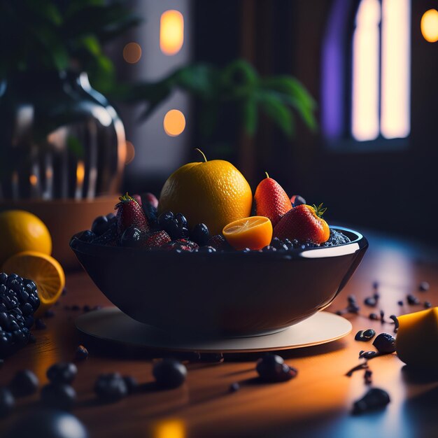 Una ciotola di frutta con un mirtillo e un limone sul tavolo.
