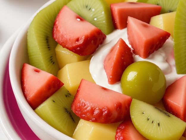 Una ciotola di frutta con yogurt fragole kiwi un'uva e ananas in cima