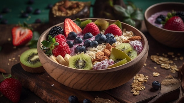 Una ciotola di frutta e muesli con muesli sul lato