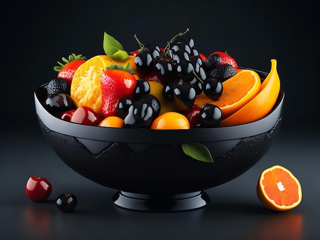 Una ciotola di frutta fresca nera Molti frutti con sfondo nero Generative Ai