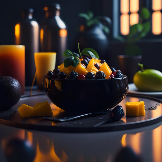 Una ciotola di frutta si trova su un tavolo con un bicchiere di succo sullo sfondo.