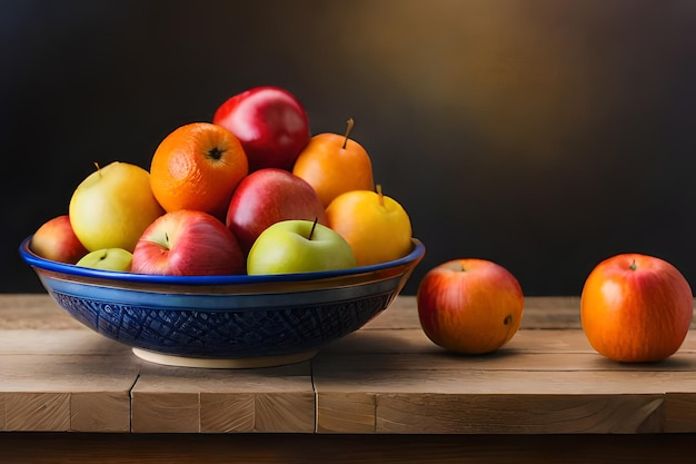 Una ciotola di frutta si trova su un tavolo con uno sfondo nero.